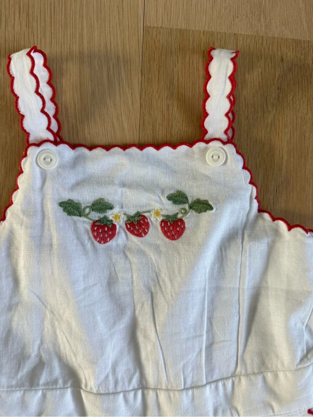 Ralph Lauren White Girls' Strawberry Embroidered Overall Romper with Red Trim